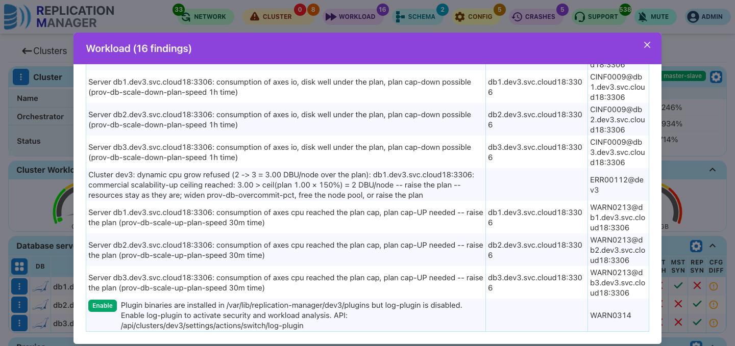 Workload panel with ERR00112 and WARN0213